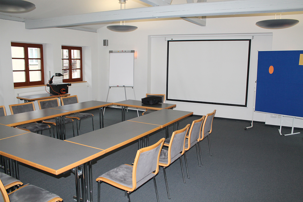 Simple meeting room with whiteboard, presentation board and projector